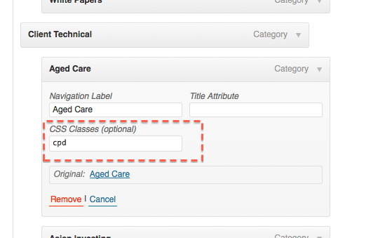 WordPress menu CSS class
